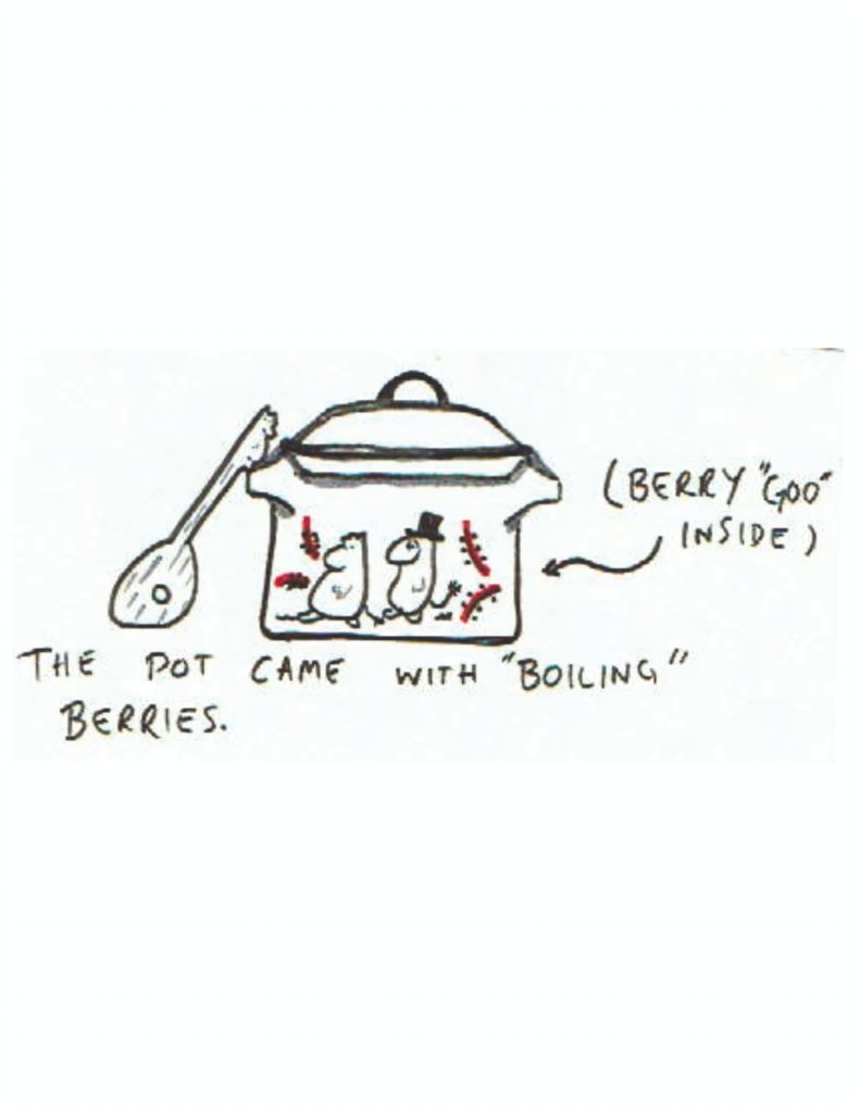 Page 4: A pot similar to a crockpot with two Moomin on it and a spoon leaning against it. “(Berry ‘goo’ inside)” with an arrow pointing from the text to the pot. “the pot came with “boiling” berries.”