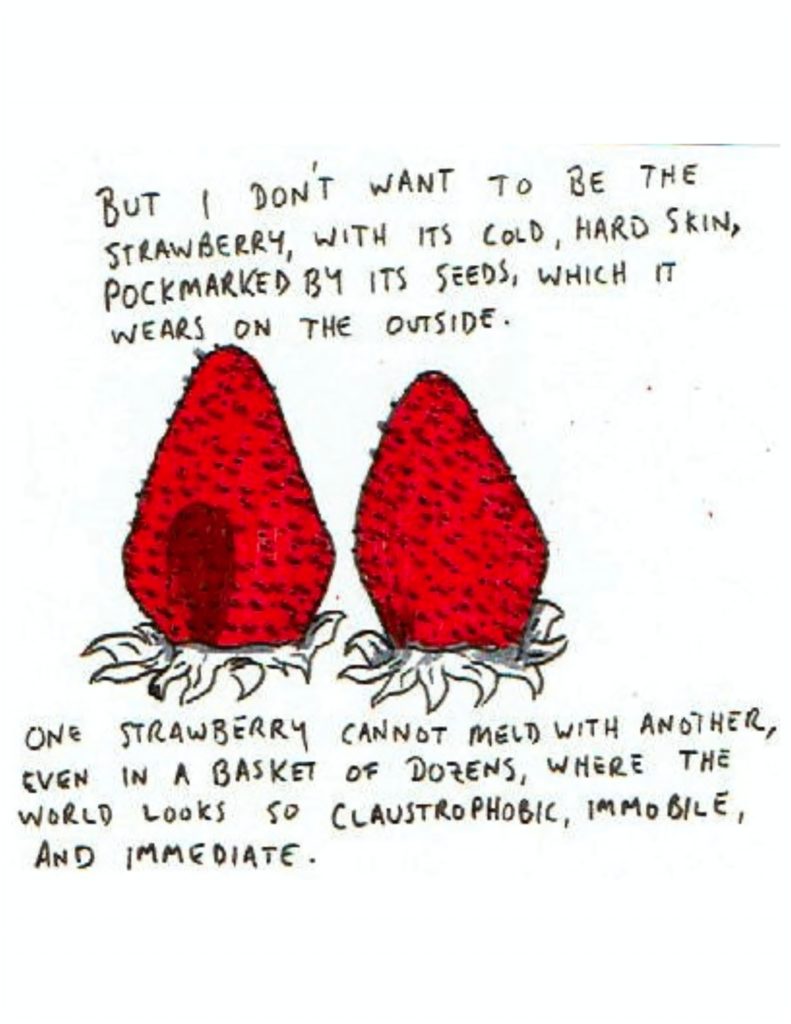 Page 10: “But I don’t want to be the strawberry, with its cold, hard skin, pockmarked by its seeds, which it wears on the outside.” Beneath are two strawberries, upside down and not touching. “One strawberry cannot meld with another, even in a basket of dozens, where the world looks so claustrophobic, immobile and immediate.”