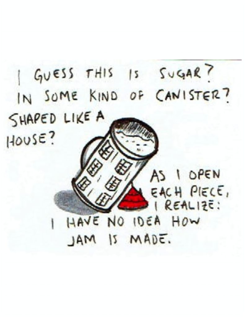 Page 5: “I guess this is sugar? In some kind of canister? Shaped like a house?” A cylinder with six small windows on it, filled with something powdery, and a red lid with roof shingles beside it. “As I open each piece, I realize: I have no idea how jam is made...” 