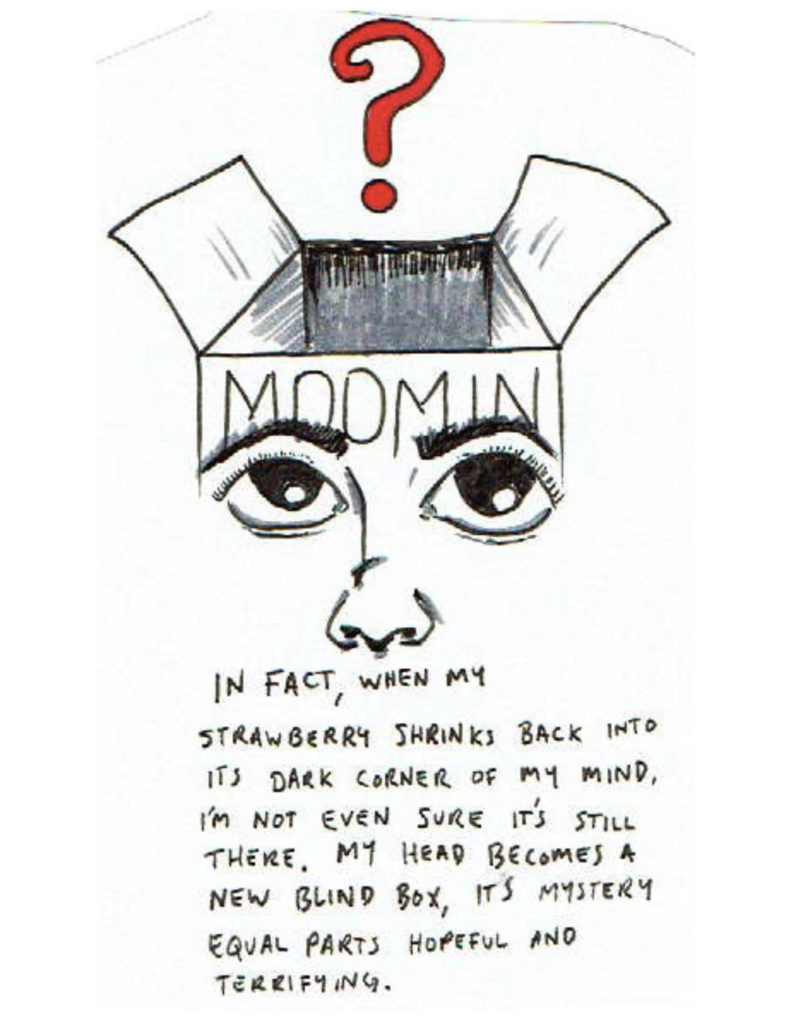 Page 17: At the top of the page is a box with eyes and a nose on it and “Moomin” written at the top. The box is open, and a red question mark floats above it. The eyes look up at the question mark. “In fact, when my strawberry shrinks back into its dark corner of my mind, I’m not even sure it’s still there. My head becomes a new blind box, its mystery equal parts hopeful and terrifying.” 